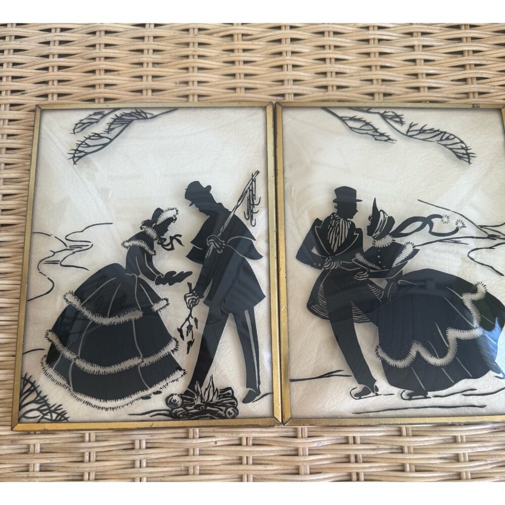 Vintage 40's Convex Glass Reverse Painted Victorian Couple Winter Scene Pictures